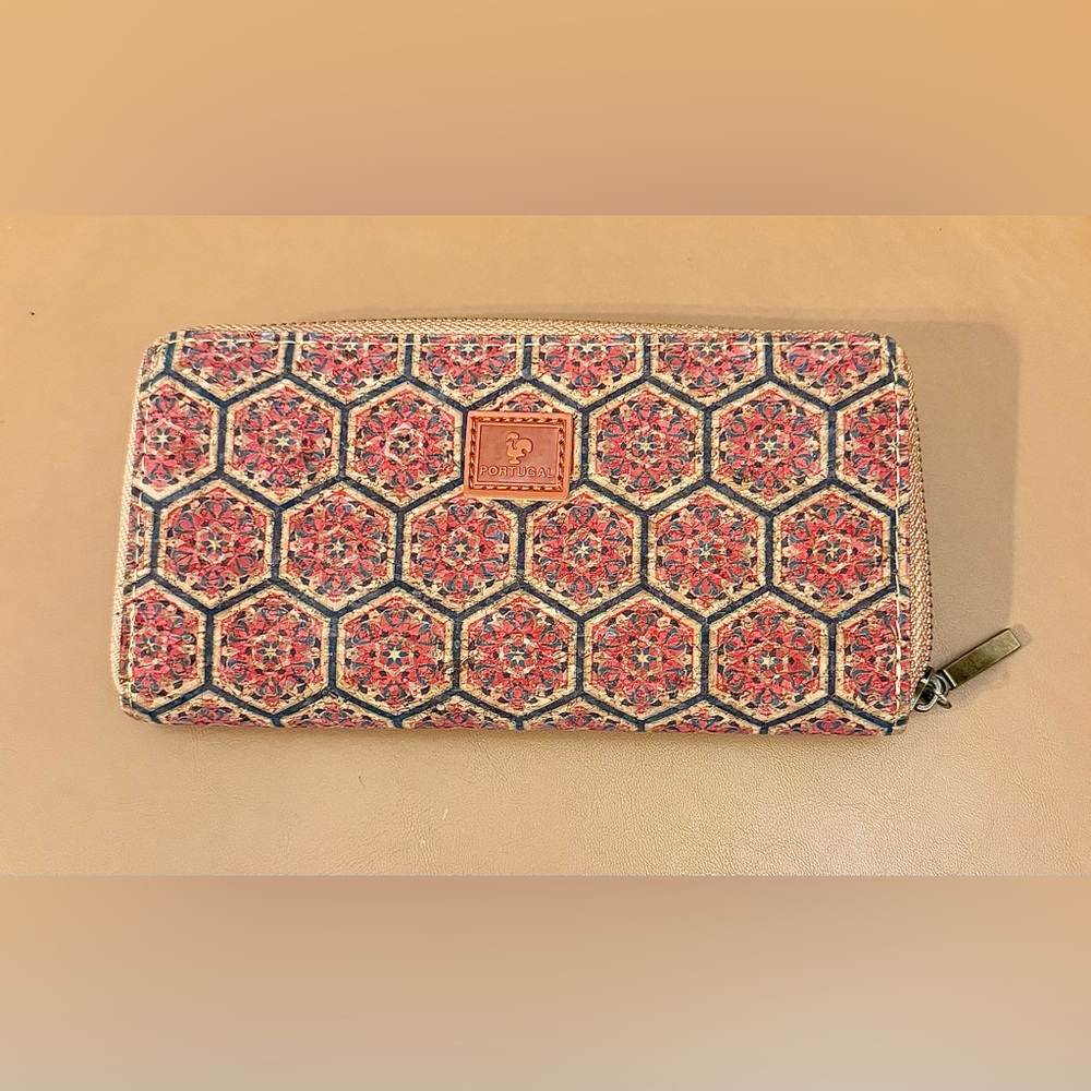 Vegan Cork Women's Zip Around Wallet Made In Portugal Stained Glass Floral Print